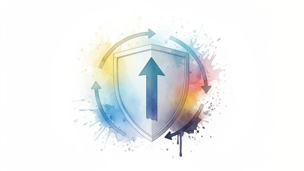 Watercolor shield with an upward arrow, encircled by colorful rotating arrows, representing continuous security improvement.