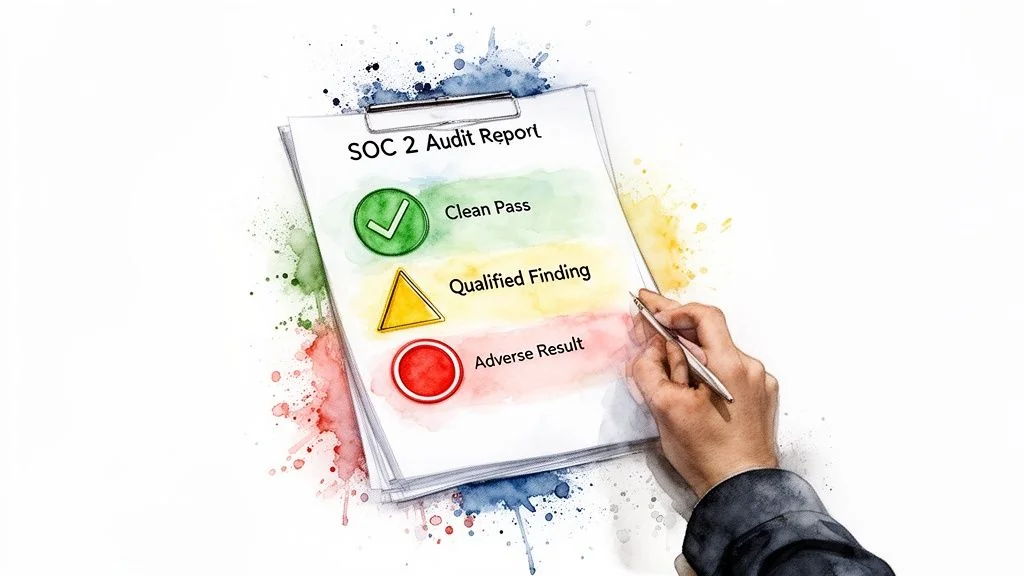 A hand reviews a SOC 2 Audit Report displaying Clean Pass, Qualified Finding, and Adverse Result.