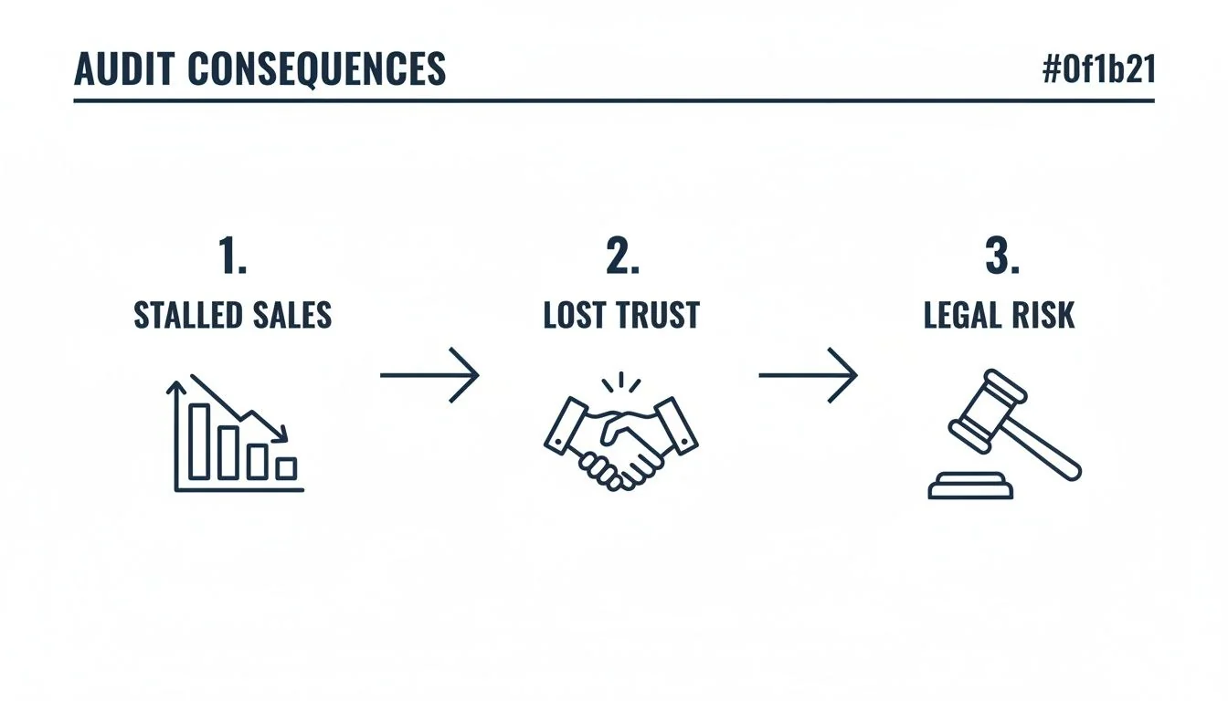Flowchart illustrating audit consequences: stalled sales, lost trust, and legal risk, shown with icons.