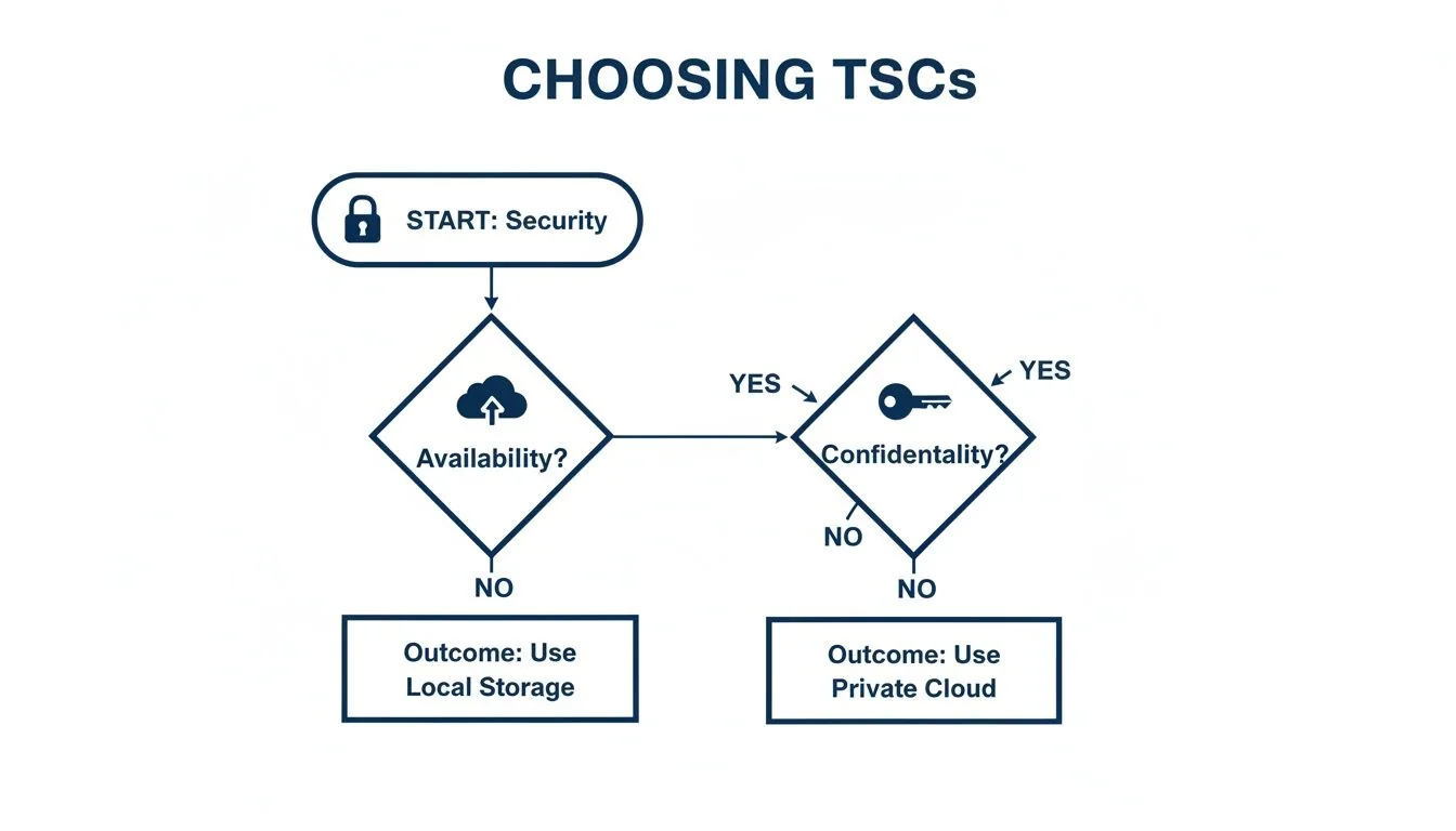 Flowchart for choosing Technical Security Controls (TSCs) based on security, availability, and confidentiality.