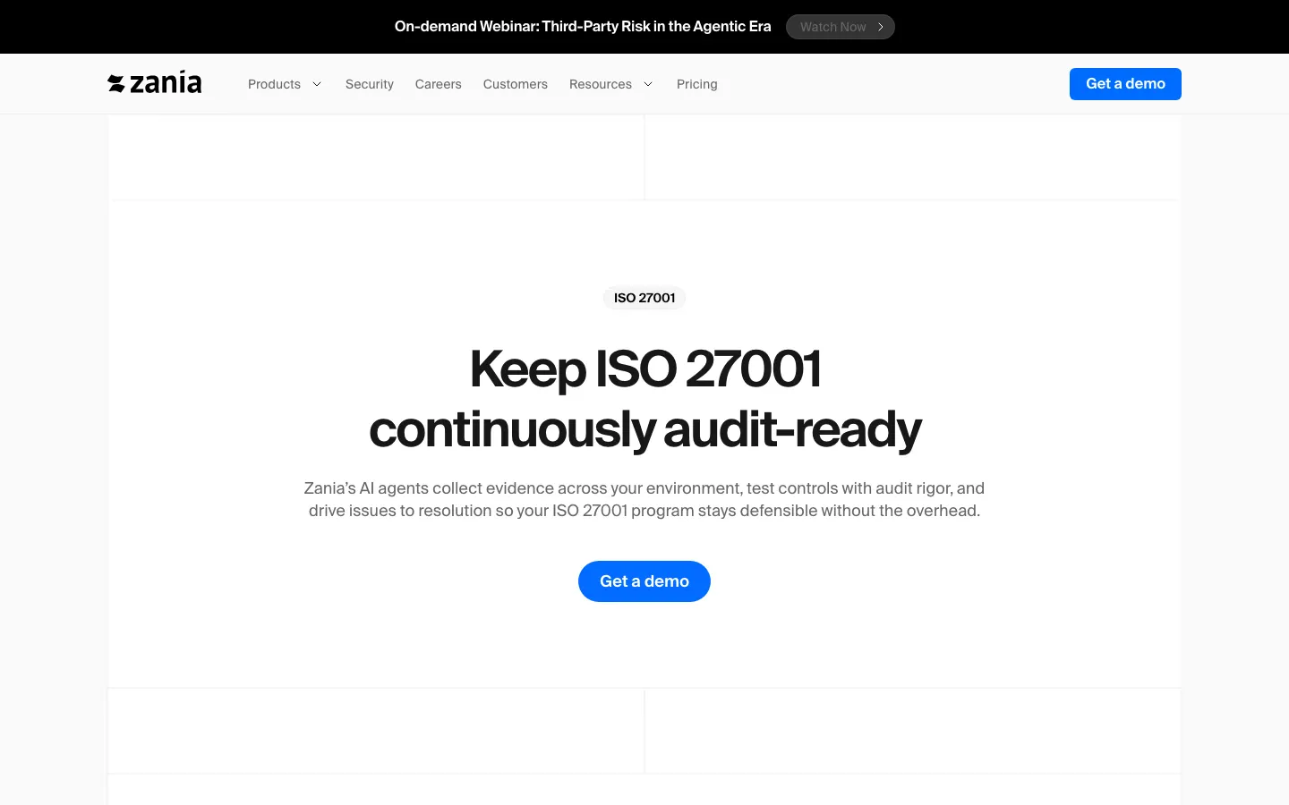 Zania ISO 27001 product page describing Annex A and Statement of Applicability-aligned workflows.
