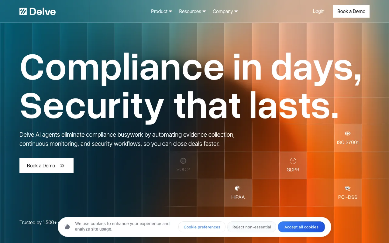 Delve's September 2026 homepage headline reading Compliance in days, Security that lasts, above SOC 2, ISO 27001, GDPR, HIPAA, and PCI-DSS tiles and a 1,500-plus customer line.
